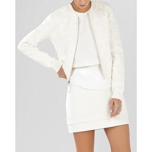 BCBGMAXAZRIA Leesa Jacquard Polka Dot Knit Bomber Jacket FLAW White Ivory XS